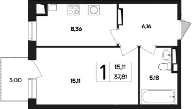 Планировка — Кубики, 1-комн., 35 м²