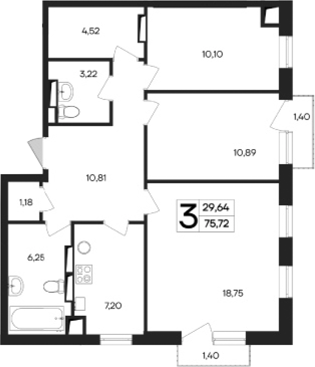 Планировка — Кубики, 3-комн., 73 м²