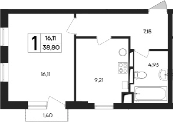 Планировка — Кубики, 1-комн., 37 м²