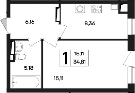 Планировка — Кубики, 1-комн., 35 м²