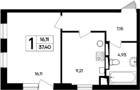 Планировка — Кубики, 1-комн., 37 м²