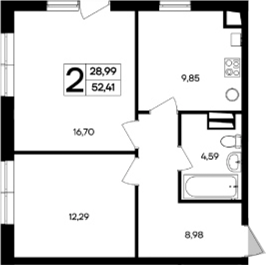 Планировка — Кубики, 2-комн., 52 м²