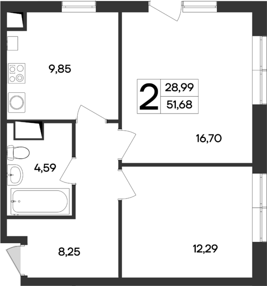 Планировка — Кубики, 2-комн., 52 м²