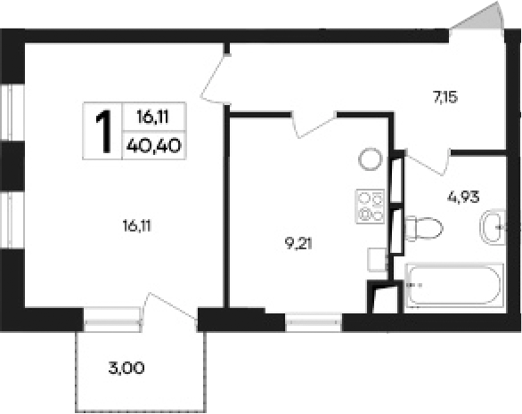 Планировка — Кубики, 1-комн., 37 м²