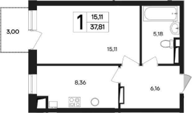 Планировка — Кубики, 1-комн., 35 м²