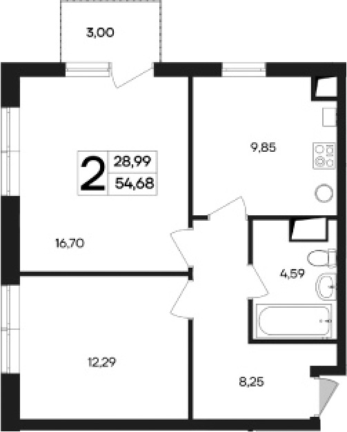 Планировка — Кубики, 2-комн., 52 м²