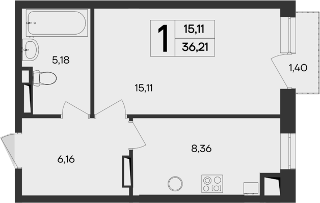 Планировка — Кубики, 1-комн., 35 м²