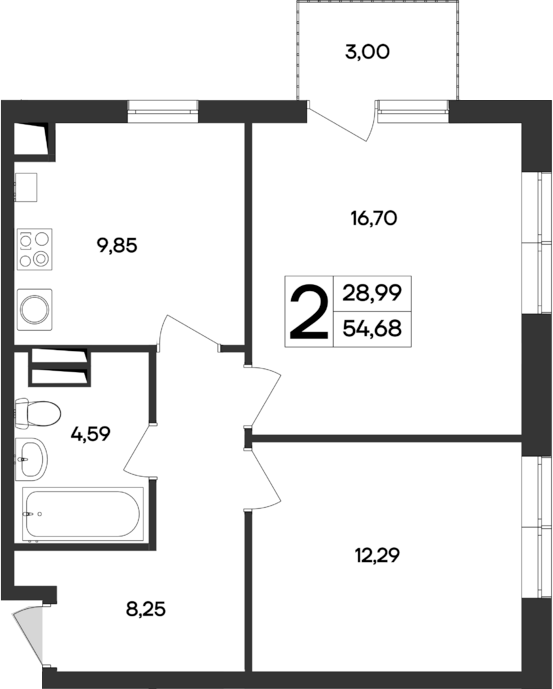 Планировка — Кубики, 2-комн., 52 м²