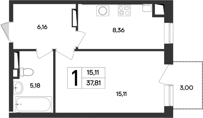 Планировка — Кубики, 1-комн., 35 м²