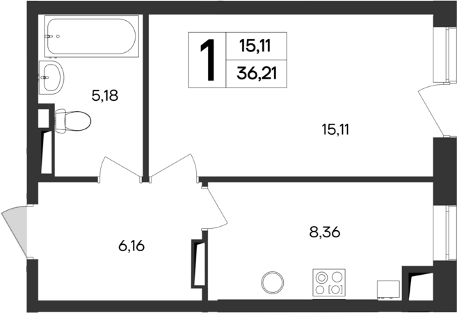 Планировка — Кубики, 1-комн., 35 м²