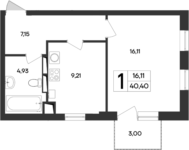 Планировка — Кубики, 1-комн., 37 м²