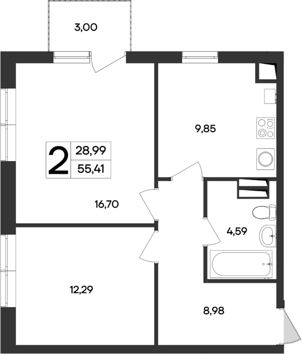 Планировка — Кубики, 2-комн., 52 м²