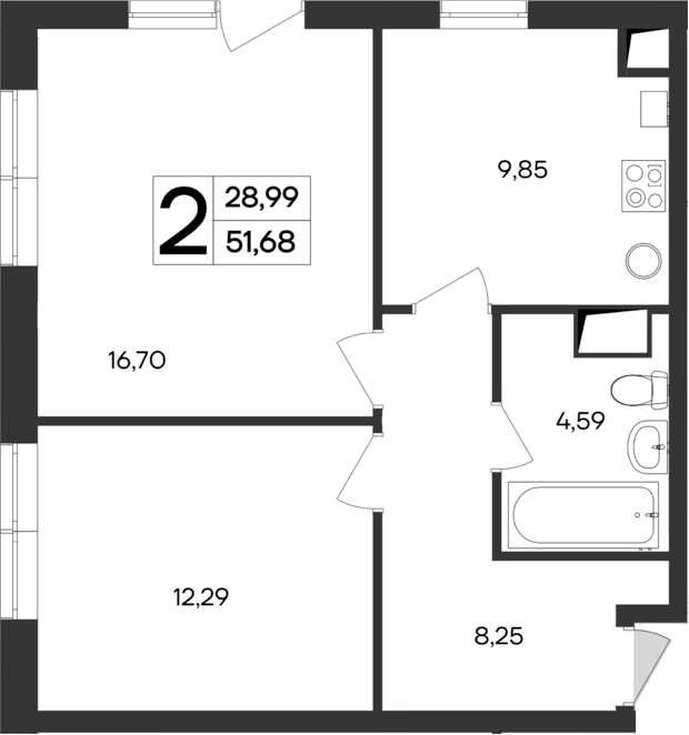 Планировка — Кубики, 2-комн., 52 м²