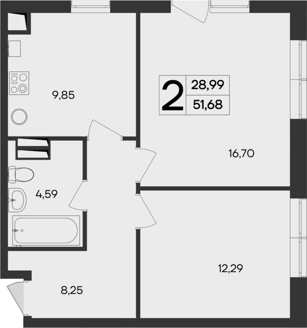 Планировка — Кубики, 2-комн., 52 м²