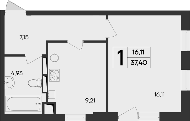 Планировка — Кубики, 1-комн., 37 м²
