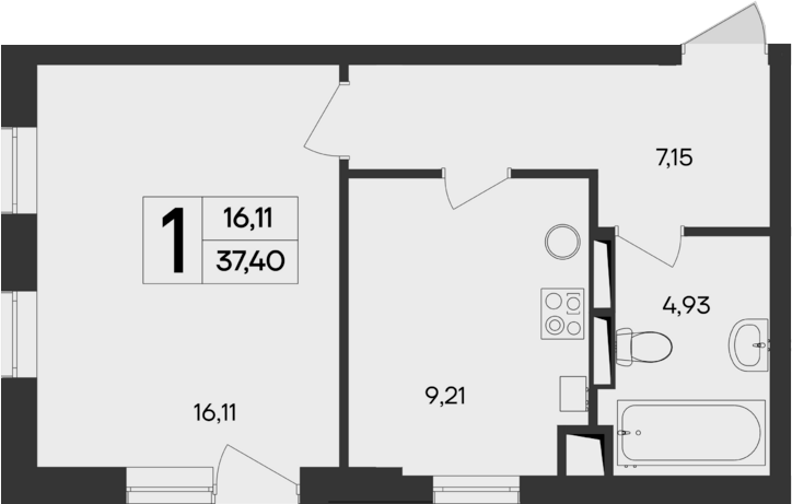 Планировка — Кубики, 1-комн., 37 м²