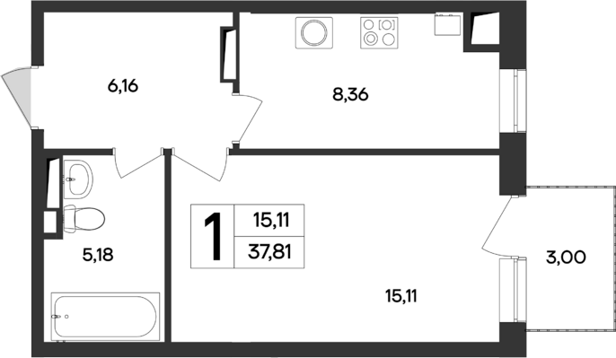 Планировка — Кубики, 1-комн., 35 м²