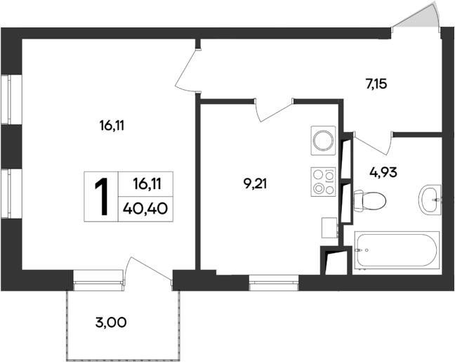 Планировка — Кубики, 1-комн., 37 м²