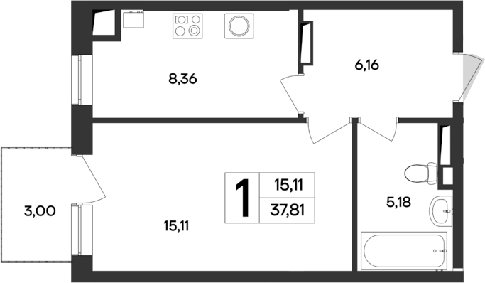 Планировка — Кубики, 1-комн., 35 м²