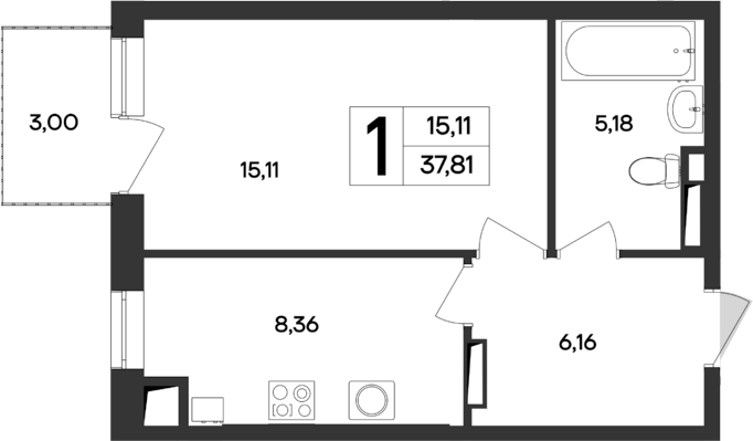 Планировка — Кубики, 1-комн., 35 м²