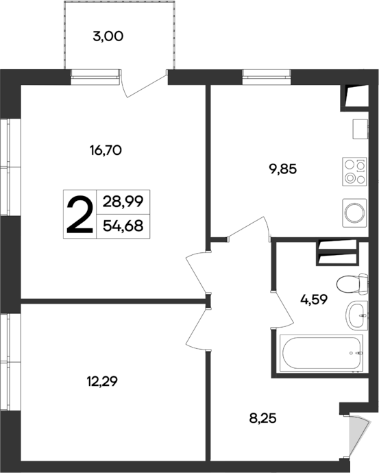 Планировка — Кубики, 2-комн., 52 м²