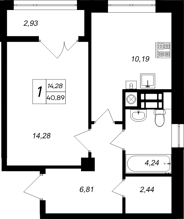 Планировка — Парковые кварталы, 1-комн., 38 м²