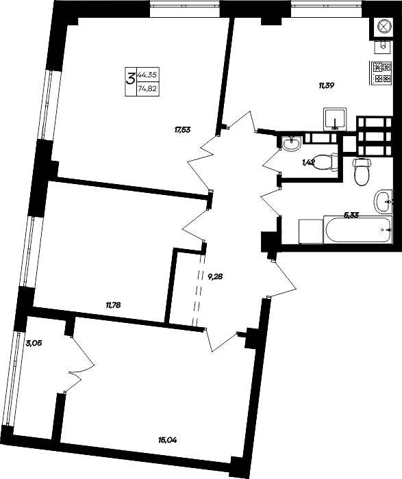 Планировка — Парковые кварталы, 3-комн., 72 м²