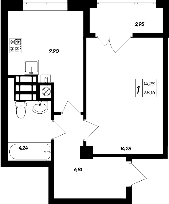 Планировка — Парковые кварталы, 1-комн., 35 м²