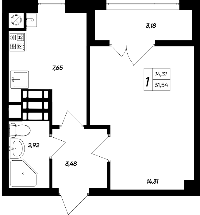 Планировка — Парковые кварталы, 1-комн., 28 м²