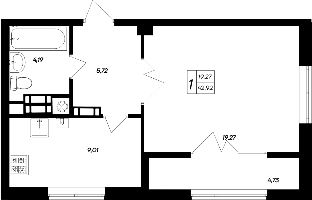 Планировка — Парковые кварталы, 1-комн., 38 м²