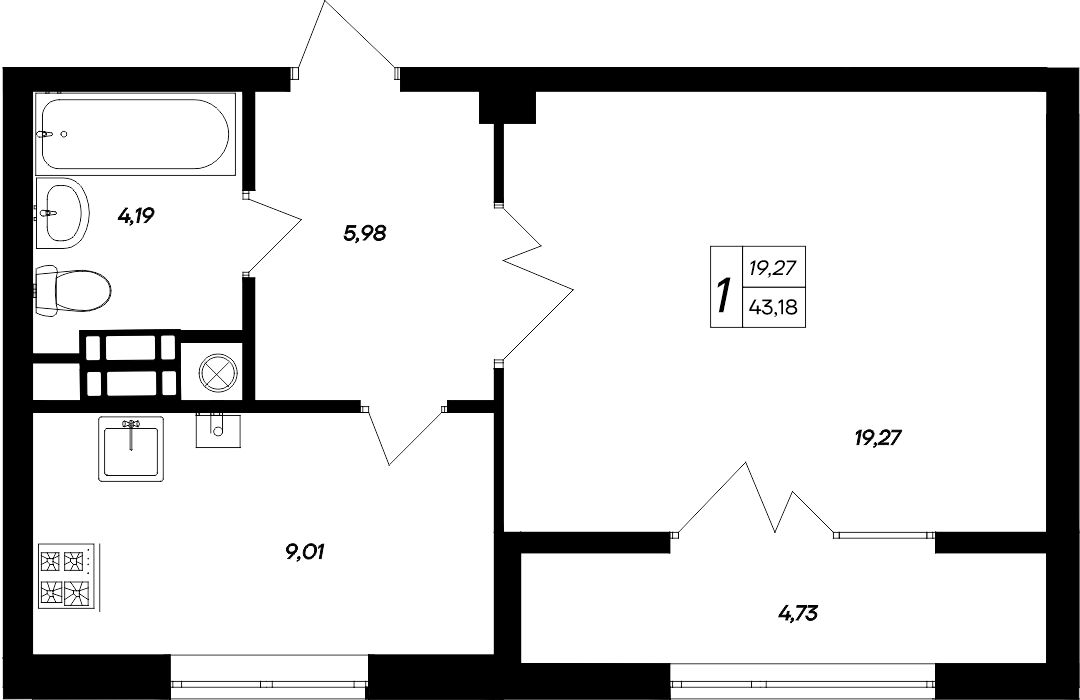 Планировка — Парковые кварталы, 1-комн., 38 м²