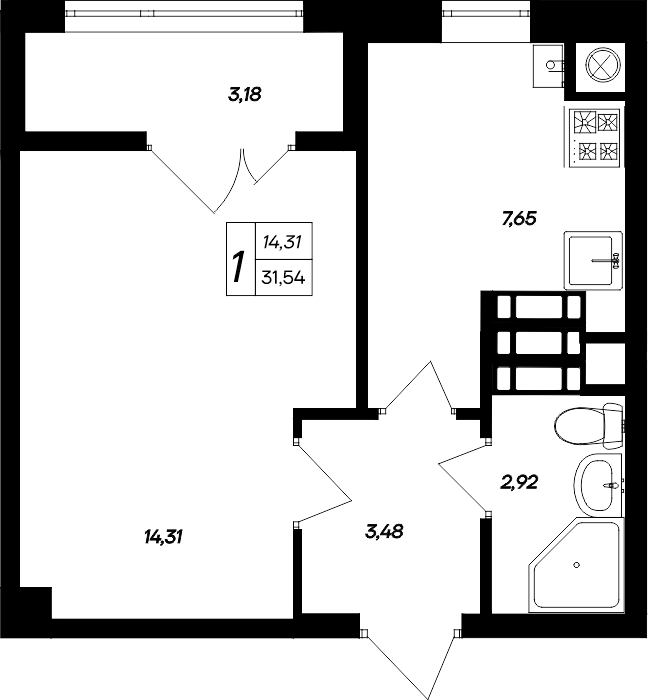 Планировка — Парковые кварталы, 1-комн., 28 м²