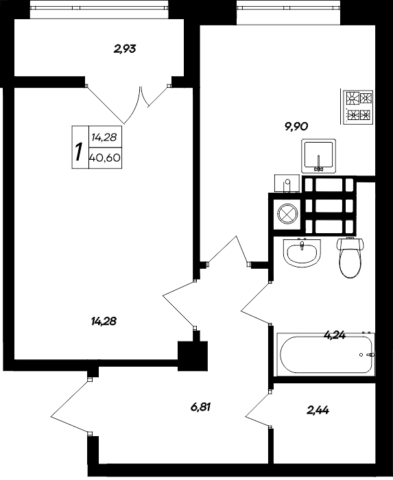 Планировка — Парковые кварталы, 1-комн., 38 м²