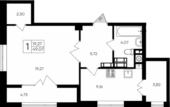 Планировка — Парковые кварталы, 1-комн., 41 м²