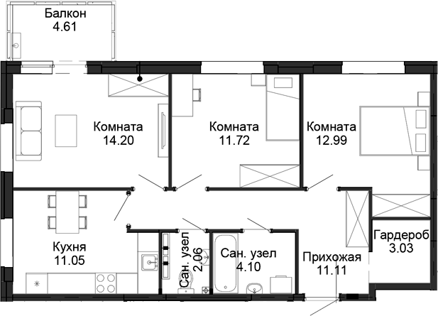 Планировка — Балтым-парк, 3-комн., 70 м²