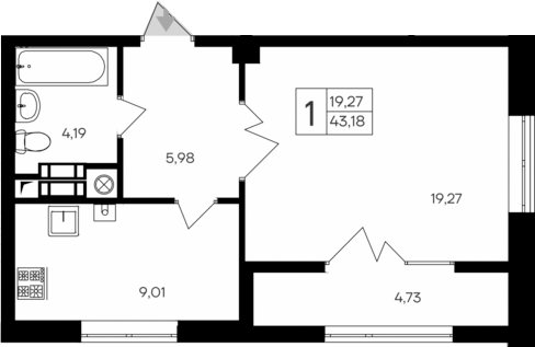 Планировка — Парковые кварталы, 1-комн., 38 м²