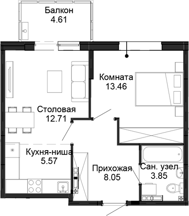 Планировка — Балтым-парк, 2-комн., 44 м²