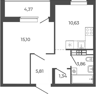 Планировка — Квартал 12, 1-комн., 37 м²