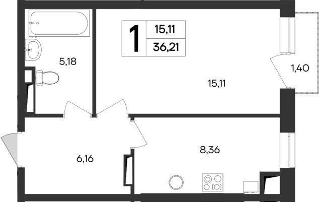 Планировка — Кубики, 1-комн., 35 м²