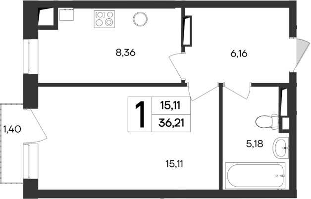 Планировка — Кубики, 1-комн., 35 м²