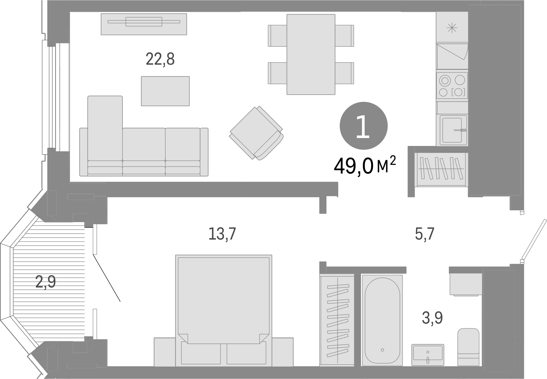 Планировка — На Некрасова, 2-комн., 46 м²