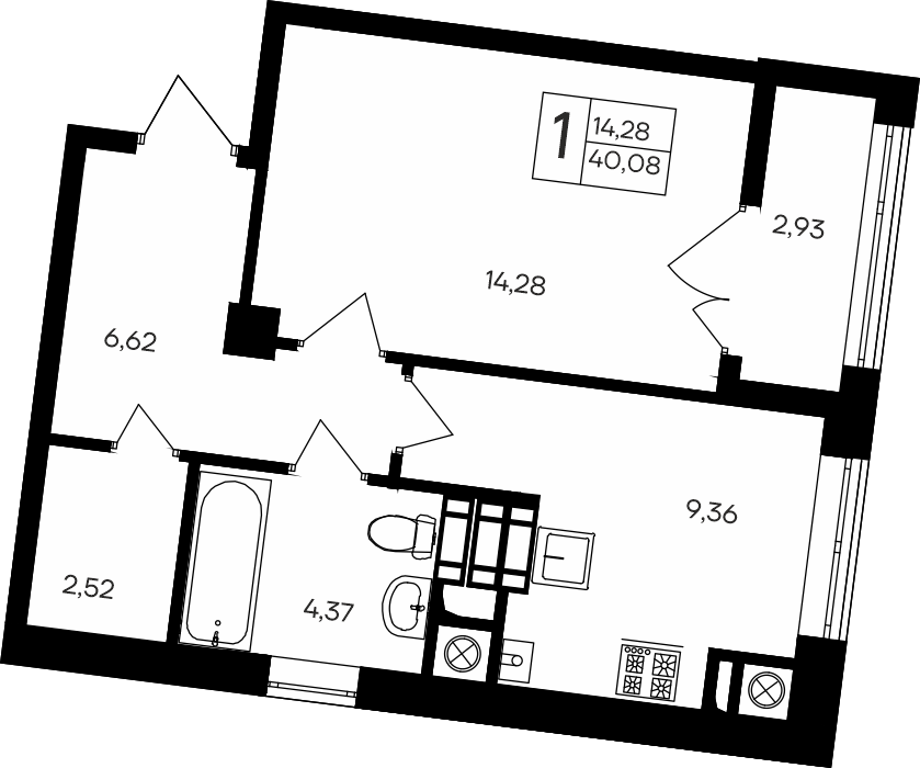 Планировка — Парковые кварталы, 1-комн., 37 м²