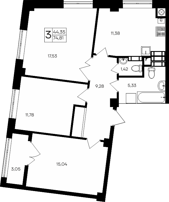 Планировка — Парковые кварталы, 3-комн., 72 м²