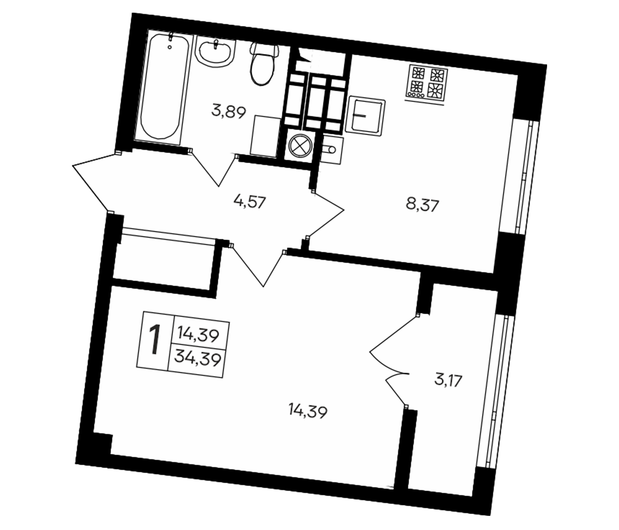 Планировка — Парковые кварталы, 1-комн., 31 м²