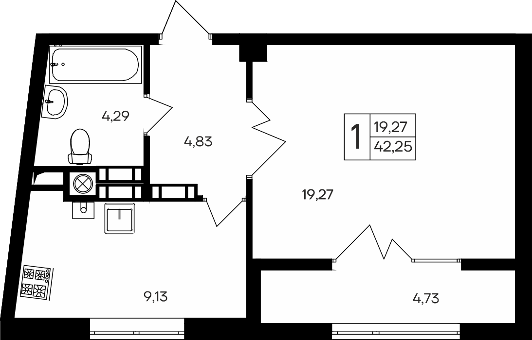 Планировка — Парковые кварталы, 1-комн., 38 м²