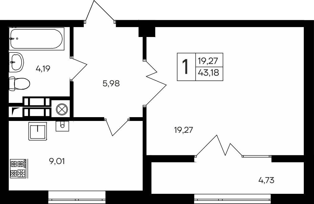 Планировка — Парковые кварталы, 1-комн., 38 м²