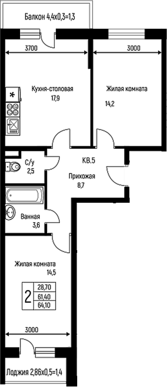 Планировка — Nova Vita, 3-комн., 61 м²