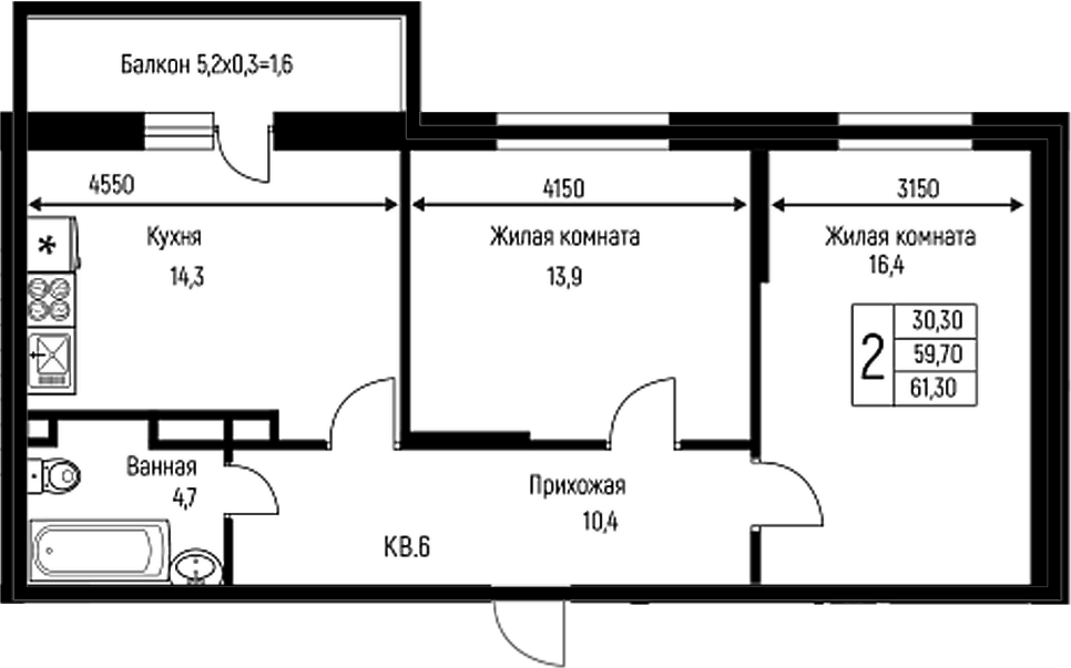 Планировка — Nova Vita, 2-комн., 60 м²