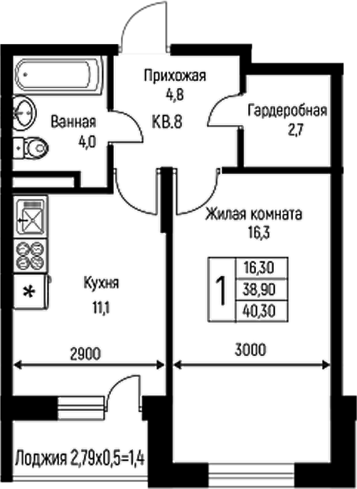 Планировка — Nova Vita, 1-комн., 39 м²