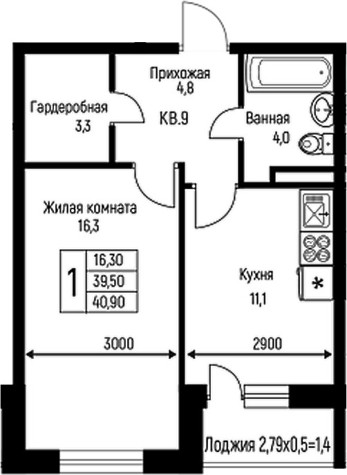 Планировка — Nova Vita, 1-комн., 40 м²